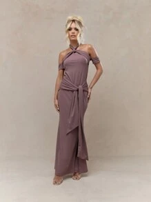 MISSGUIDED 平纹针织挂脖式领口结饰腰部露肩长裙 - 摩卡棕 - 查看 4