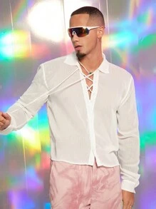 FeverCity 男士纯色雪纺皱褶宽松长袖狂欢衬衫，适合派对 - 白色 - 查看 2