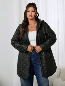 SHEIN EZwear Chaqueta acolchada negra gruesa para invierno de talla grande para mujeres