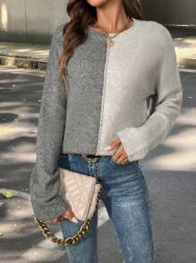 SHEIN Unity Women Color Block Round Neck Rib Knit Thick Warm Pullover Sweater Knit Pullover Fall Winter - Grey - View 1