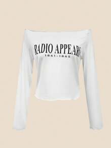 SHEIN EZwear T-shirt décontracté à manches longues, avec impression de lettres, épaules dénudées, pour femmes, pour l'automne - Blanc - Voir 3