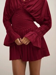 COSMINA Women's Fall Elegant Red V-Neck Long Sleeve Simple Going Out Holiday Outfits Pleated Casual Mini Dress - Burgundy - View 4