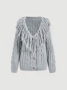 SHEIN MOD Long Sleeve Buttoned Cardigan With Furry Collar And Cable Pattern In Grey,Oversized Sweater,Ugly New Year Sweater, Festival Sweater,Women Cardigans,Fuzzy Sweater