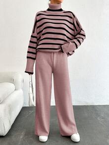 SHEIN Tall 女款條紋高領蝙蝠袖毛衣與純色長褲兩件套，適合高個女性 - 藕粉色 - 查看 5