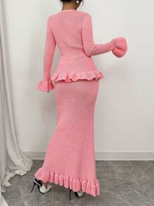 Elenzga 2 件套女士 3D 花卉装饰喇叭袖波浪下摆毛衣套装，秋冬 - 粉色 - 查看 2