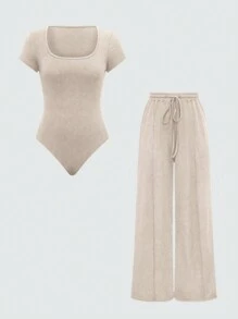 SHEIN PETITE 2pcs Women Casual Set - Square Neck Short Sleeve Top And Waist Tie Wide Leg Pants - Apricot - View 1