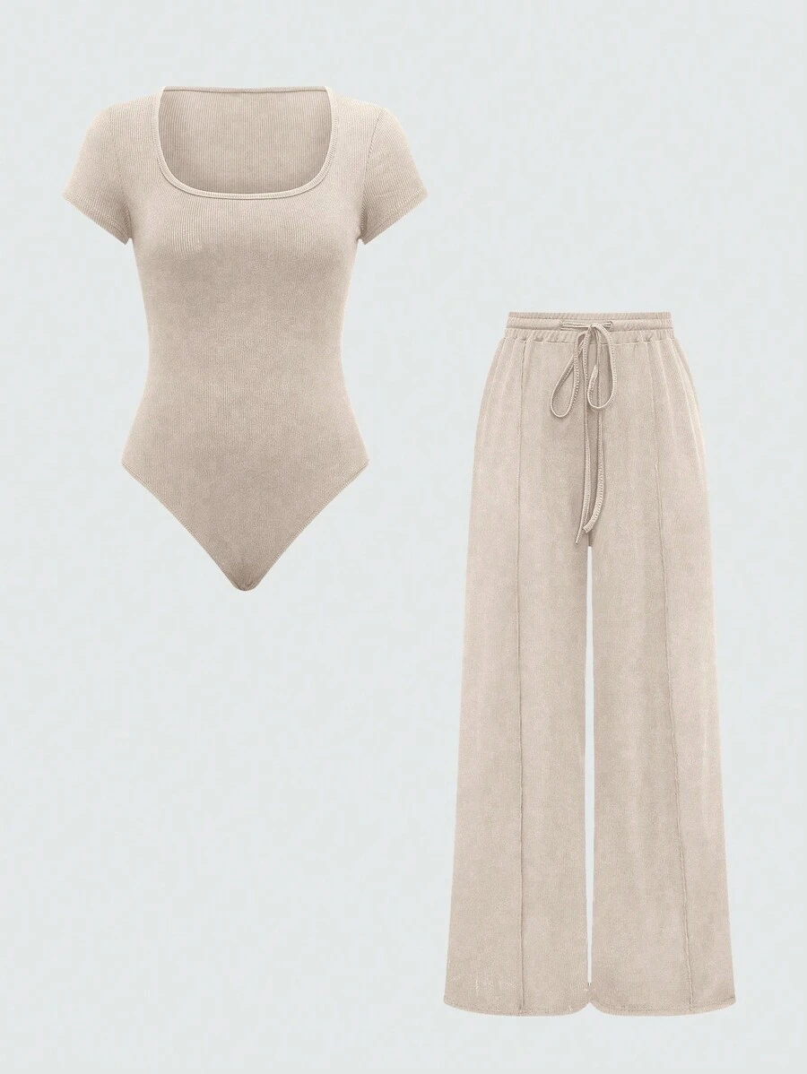 SHEIN PETITE 2pcs Women Casual Set - Square Neck Short Sleeve Top And Waist Tie Wide Leg Pants - Apricot - View 1