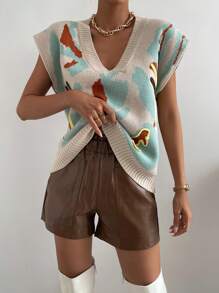 Chiquease Graphic Pattern Batwing Sleeve Sweater Vest - Multicolor - View 3