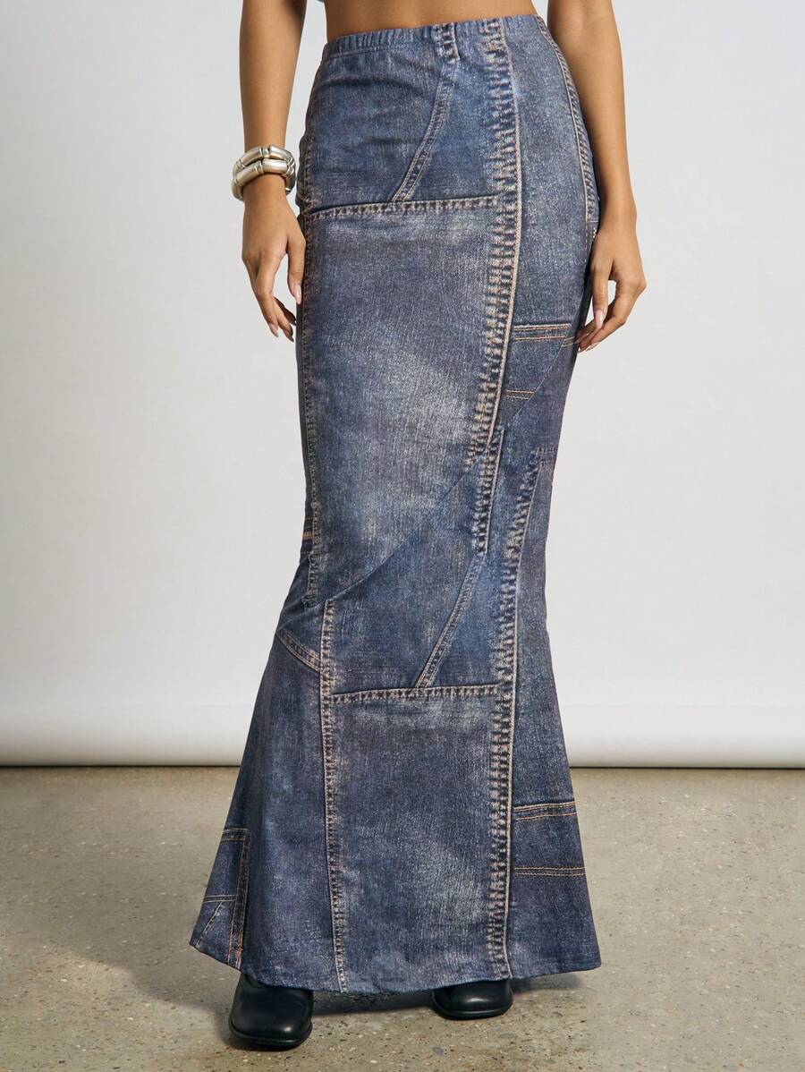 AiiRZ Falda larga de tubo efecto denim - Azul - Ver 1