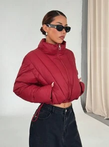 SHEIN Unity Women's High-End Red Short Stand Collar Padded Coat, Loose Fit Thick Versatile Asymmetrical Design Padded Coat, Winter - Red - View 4