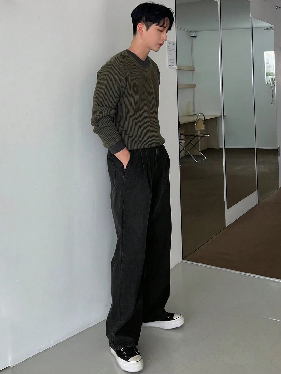 DAZY بنطلون جينز رجالي بجيوب مائلة ذو ساق واسعة باللون الأسود، ملابس كاجوال للخريف، عودة إلى ملابس المدرسة