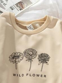 年轻女孩休闲简约花卉和字母印花圆领长袖舒适运动衫