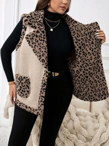 SHEIN LUNE 大码豹纹羊毛背心外套，秋冬，休闲日常穿着，老钱，感恩节装扮节日装扮保暖 - 彩色 - 查看 8