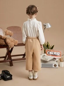 PrepCrw 年轻女孩学院风卡其色针织宽松抽绳腰部羊毛连帽衫和裤子套装，运动休闲 - 杏色 - 查看 2