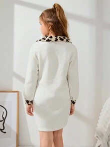 SHEIN Tween 女童豹纹领口部分拉链蓬松饰边休闲连衣裙 - 白色 - 查看 2