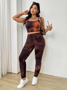 SHEIN EZwear 大码扎染吊带背心和裤子 2 件套（随机扎染），适合夏季 - 棕色 - 查看 4