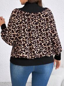 Plus Size Women Casual Chiffon Leopard Patchwork Elastic Ribbed Funnel Neck Cinched Shirt, Fall - Brown - View 2
