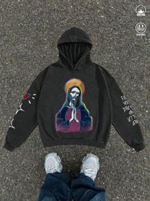 Manfinity EMRG 男士宽松高街复古风格做旧耶稣祈祷人物心形星星图案黑色落肩做旧雪花连帽运动衫，适合秋季。 - 黑色 - 查看 1