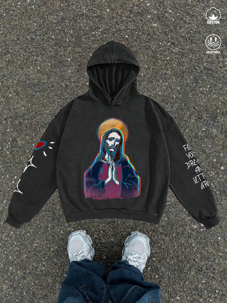 Manfinity EMRG 男士宽松高街复古风格做旧耶稣祈祷人物心形星星图案黑色落肩做旧雪花连帽运动衫，适合秋季。 - 黑色 - 查看 1