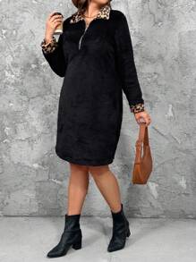 冬季加大码长袖羊毛宽松连衣裙 - 黑色 - 查看 4