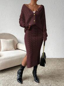 SHEIN Clasi 2 Pieces Set: Solid Color V-Neck Button Front Long Sleeve Top And Skirt Elegant Knitted Sweater - Coffee Brown - View 7