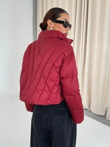 SHEIN Unity Women's High-End Red Short Stand Collar Padded Coat, Loose Fit Thick Versatile Asymmetrical Design Padded Coat, Winter - Red - View 2