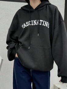 Dazy-Less 1pc Women Solid Color Loose Thermal Lined Hooded Sweatshirt With Letter Graphic,Fall Women Clothes