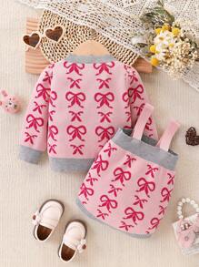 Baby Mädchen süßer 2-teiliger Set mit Schleife, hübscher gestrickter Cardigan im Ballettlook & Latzhose Outfit, Weihnachtspullover Anzug, Herbst/Winter