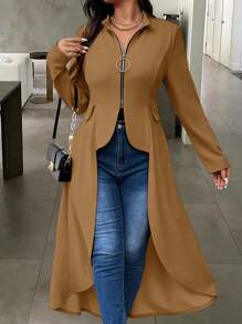 SHEIN Unity 大码女式纯色拉链长袖长款时尚夹克，适合秋季 - 棕色 - 查看 4