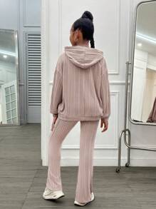 SHEIN 青少年女孩休閒針織保暖內裡連帽衛衣與秋季長褲套裝 - 淺粉色 - 查看 2