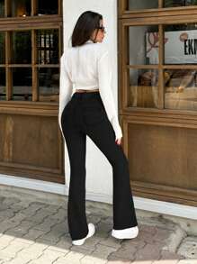 EURMUSE Quần Jeans ống loe thường ngày mùa hè màu trơn 98% Cotton dành cho nữ - màu đen - Xem 2