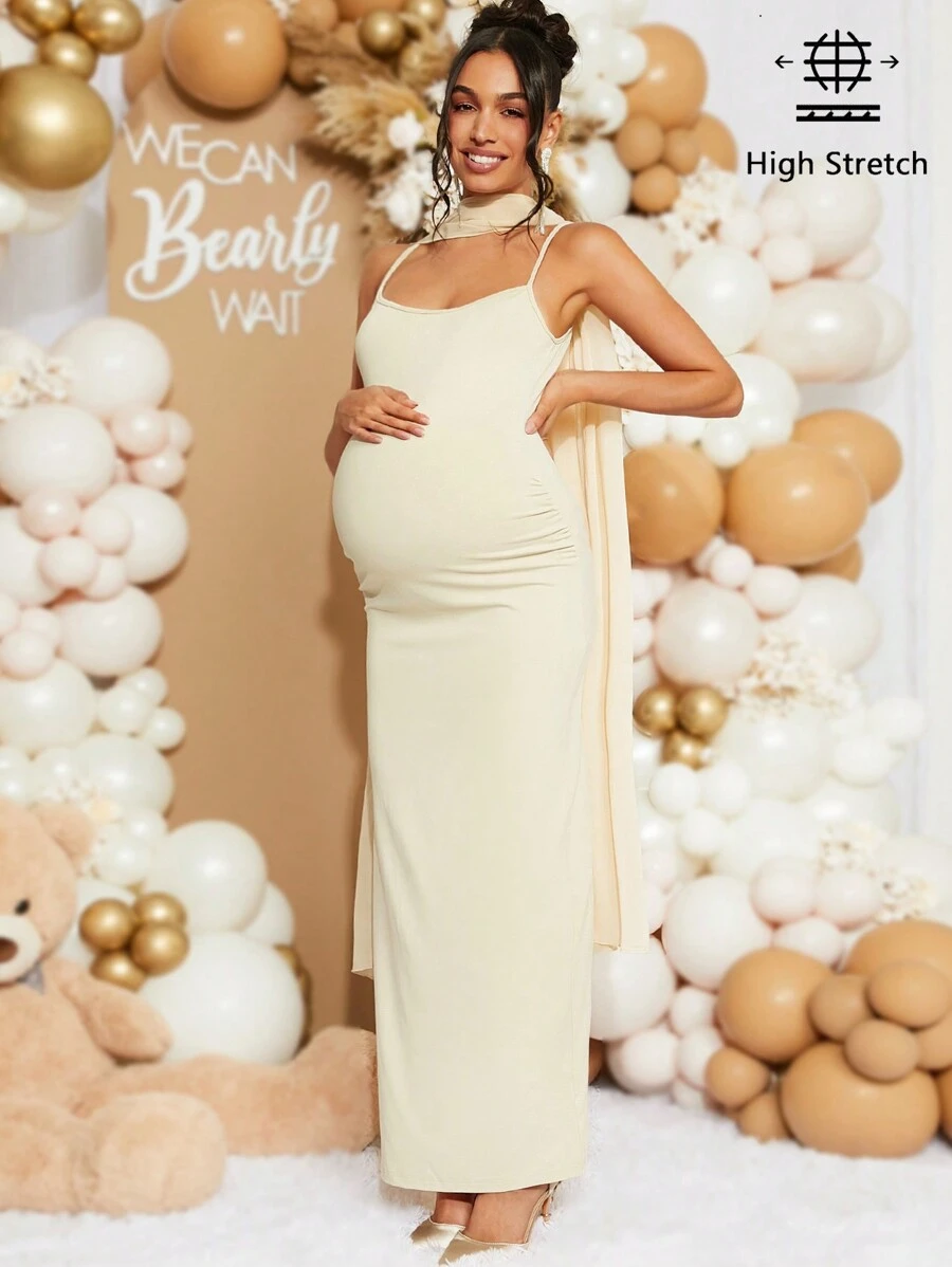 Loomaby Casual Solid Color Side Slit Strap Maternity Dress For Summer,Autumn For Baby Shower Party - Apricot - View 1