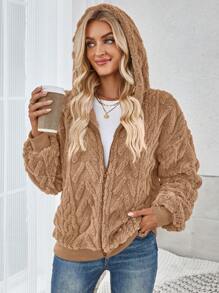 SHEIN LUNE 1 chiếc áo khoác dài tay có mũ trùm đầu màu xám có họa tiết lông mịn có khóa kéo - màu nâu - Xem 7