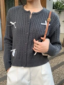 INAWLY 1 Stück Damen Rundhals Knopfverschluss Schleife Dekor Langarm Strickjacke