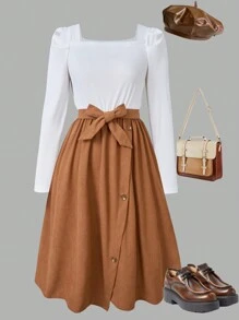 Áo thun cổ vuông tay bồng cho bé gái tuổi teen có nút trang trí và chân váy chữ A bằng vải nhung kẻ - Màu Khaki - Xem 1