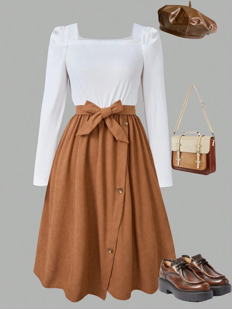 Áo thun cổ vuông tay bồng cho bé gái tuổi teen có nút trang trí và chân váy chữ A bằng vải nhung kẻ - Màu Khaki - Xem 1
