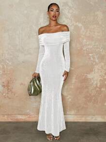 SHEIN BAE Women's Autumn Off-Shoulder Solid Color Long Sleeve Fitted Dress - White - View 1