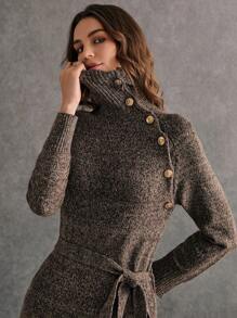 Poéselle 棕色碎花纱线优雅混纺高领金属纽扣长款系带毛衣裙，法式及膝高腰毛衣荷叶边针织连衣裙，女士毛衣，秋冬，办公室小妖精，商务装，优雅低调的时尚必备品，布里奇顿，法式，秋季服装，24 FW - 咖啡棕 - 查看 2