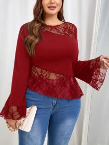 SHEIN Frenchy Plus Size Asymmetrical T-Shirt With French Minimalist Lace Patchwork, Black