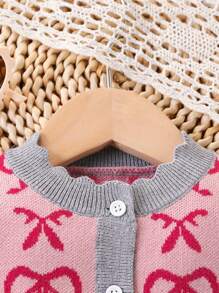 Baby Mädchen süßer 2-teiliger Set mit Schleife, hübscher gestrickter Cardigan im Ballettlook & Latzhose Outfit, Weihnachtspullover Anzug, Herbst/Winter