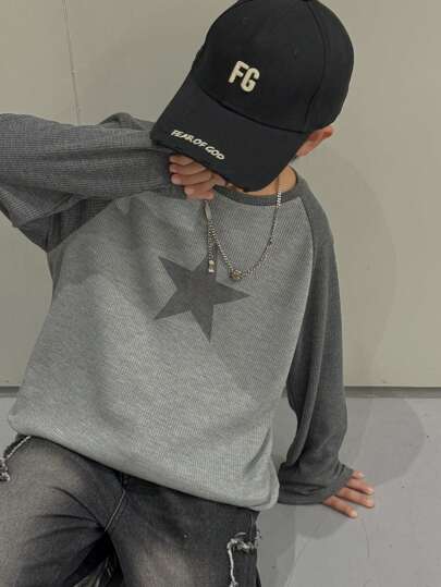 SHEIN Leap Crew Tween Boy 休闲星星印花拼布撞色袖圆领长袖针织 T 恤，适合通勤、上学、日常、度假、运动、秋冬季