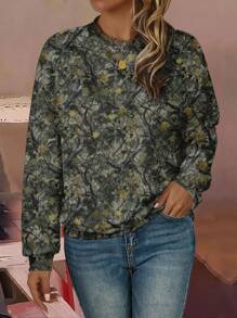 ORANGE STUDIO Damen Sweatshirt im Künstler-Look mit Camouflage- und Blättermuster, legerer minimalistischer Stil, geeignet für Herbst, Feiertage, Neujahr, Winter, Urlaub, Frühling, Festival