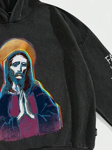 Manfinity EMRG 男士宽松高街复古风格做旧耶稣祈祷人物心形星星图案黑色落肩做旧雪花连帽运动衫，适合秋季。 - 黑色 - 查看 2