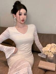 DAZY V-Neck Lace Mermaid Midi Dress For Women,Ruffle,Fall Clothes Long Sleeve Dress