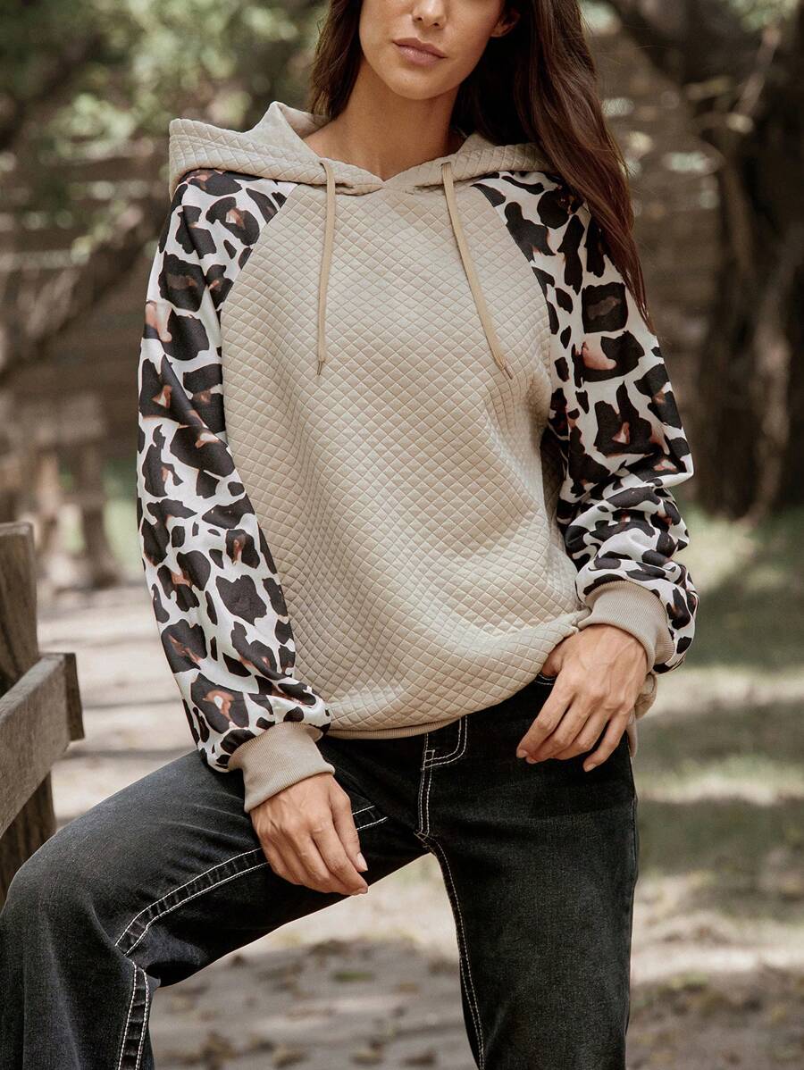 LanaWest Women Leopard Print Raglan Sleeve Long Sleeve Drawstring Hooded Loose Casual Sweatshirt Pullover Fall Outfit - Apricot - View 1