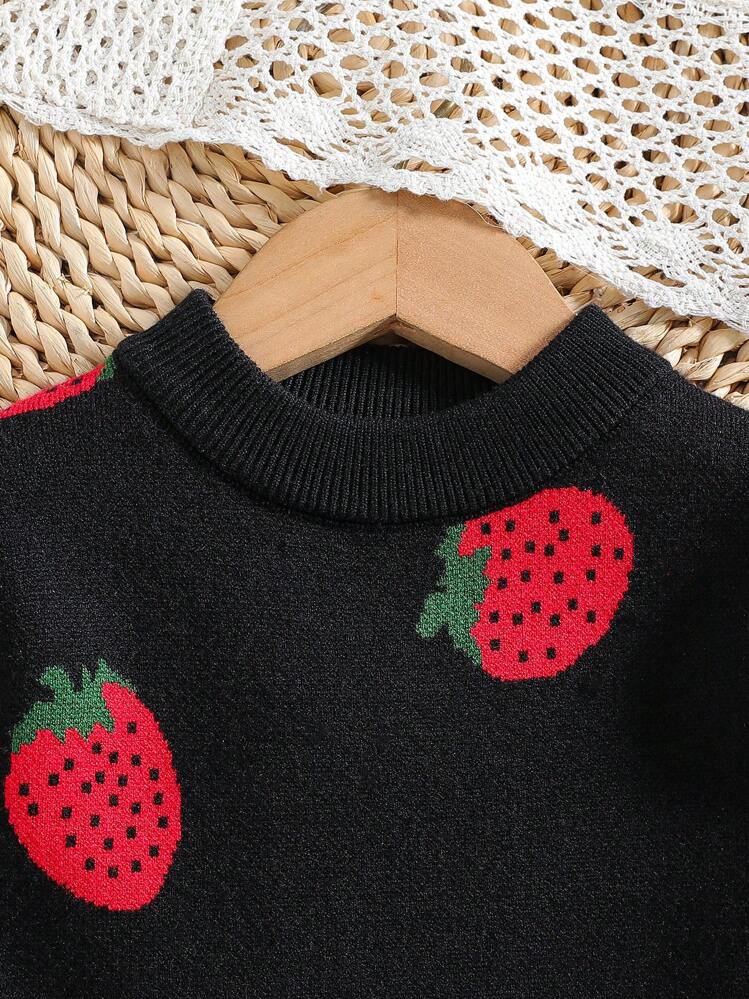 SHEIN Young Girls Cute Strawberry Pattern Ruffle Hem Sweater Dress, Fashionable For Autumn/Winter, Suitable For Daily Commute & Travel - Black - View 3