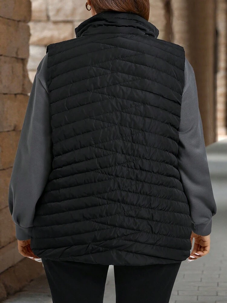 Plus Size Black Plain Front Zip Sleeveless Minimalist Down& Feathers Jacket, Casual Everyday Wear,Winter Women Coat