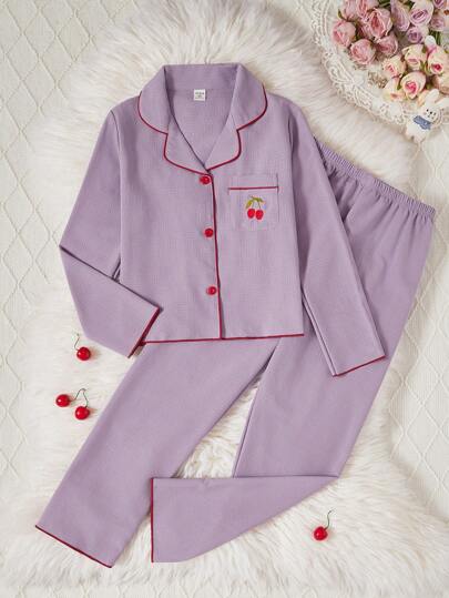 Girls Cute Cherry Flower Embroidery Coral Pink Long Pants & Long Sleeve 2pcs Pajama Set, Loose & Comfortable For Big Tween Girl