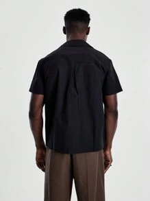 Musero Leather Patch Short Sleeve Button Through Revere Collar Shirt Basics Style Spring Summer - Black - View 2