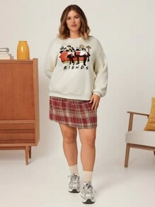 FRIENDS X SHEIN Plus Size Thickened Knitted Friends Character Print Sweatshirt In Cream White, For Winter - Beige - View 6
